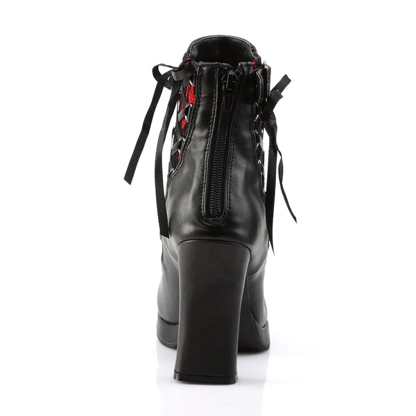 4" Heel, 3/4" P/F Corseted Triple Buckled Straps Ankle Boot Blk-Red Lace Vegan Leather Pleaser Demonia CRYPTO/51