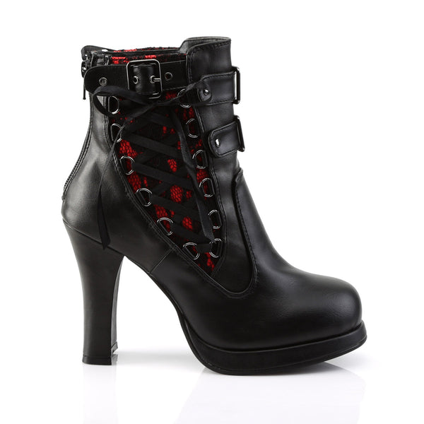4" Heel, 3/4" P/F Corseted Triple Buckled Straps Ankle Boot Blk-Red Lace Vegan Leather Pleaser Demonia CRYPTO/51