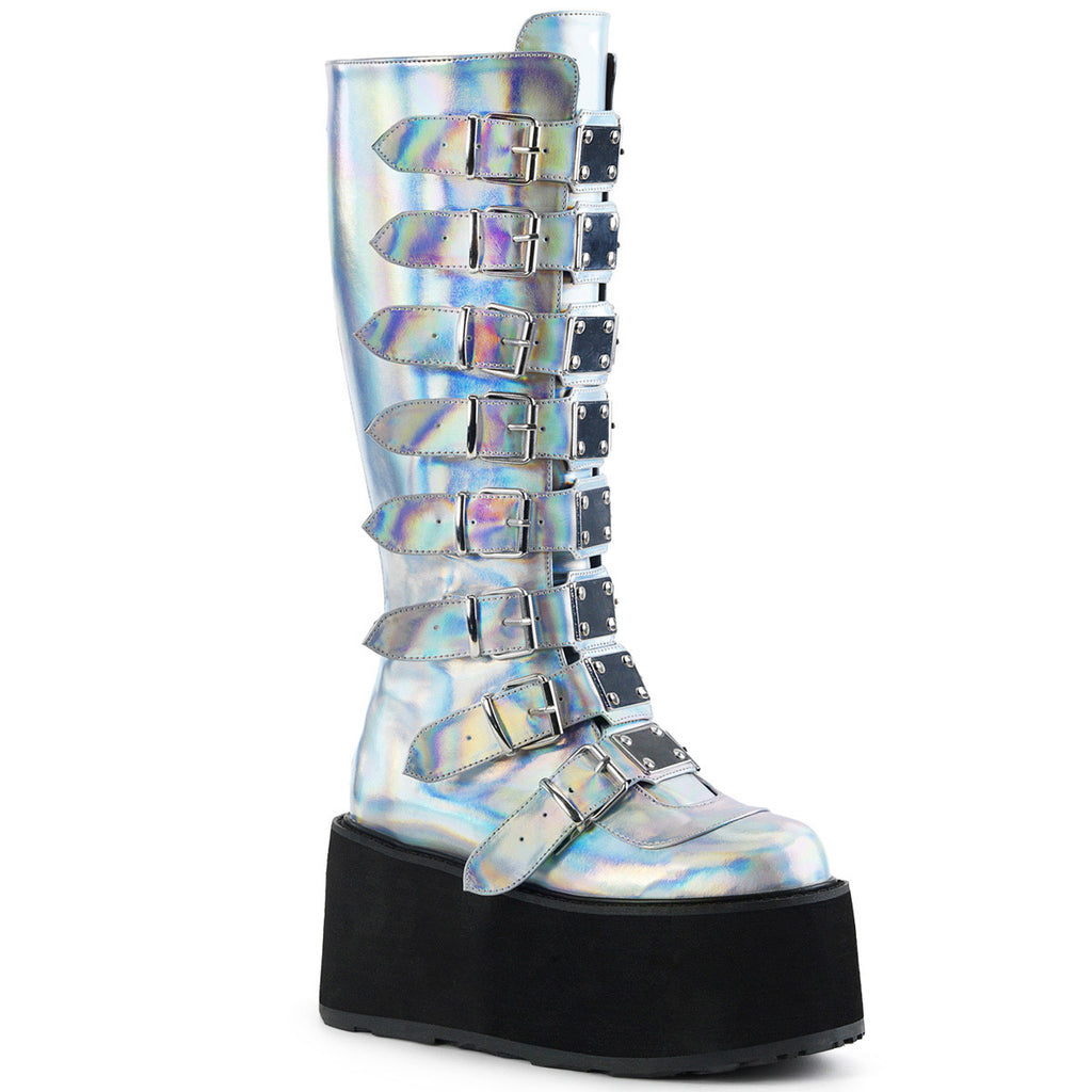 3 1/2" PF Knee High Boot w/ 8 Buckle Straps, Back Metal Zip Pleaser Demonia DAMNED/318