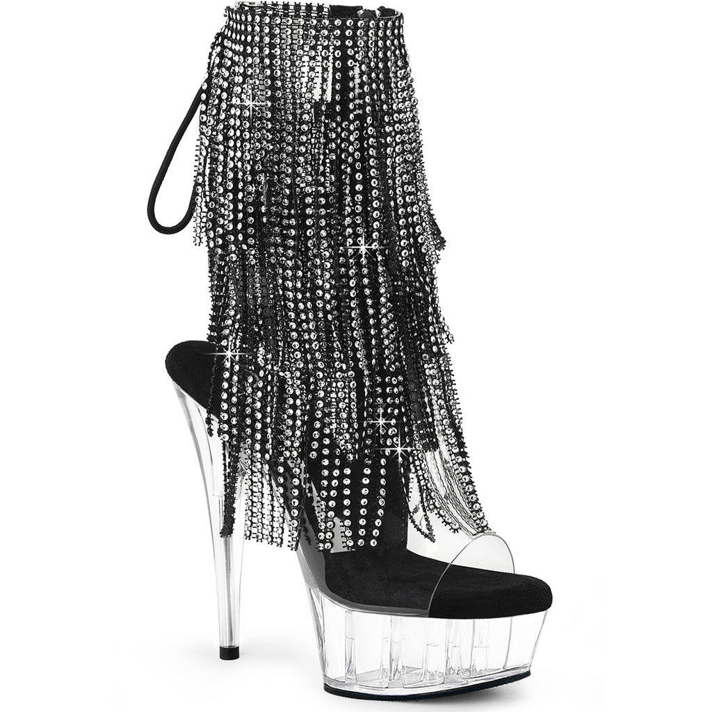 6" Heel, 1 3/4" Pf Open Toe/Heel Lace-Up Fringe Ankle Boot Pleaser Pleaser DELIGHT/1017RSF