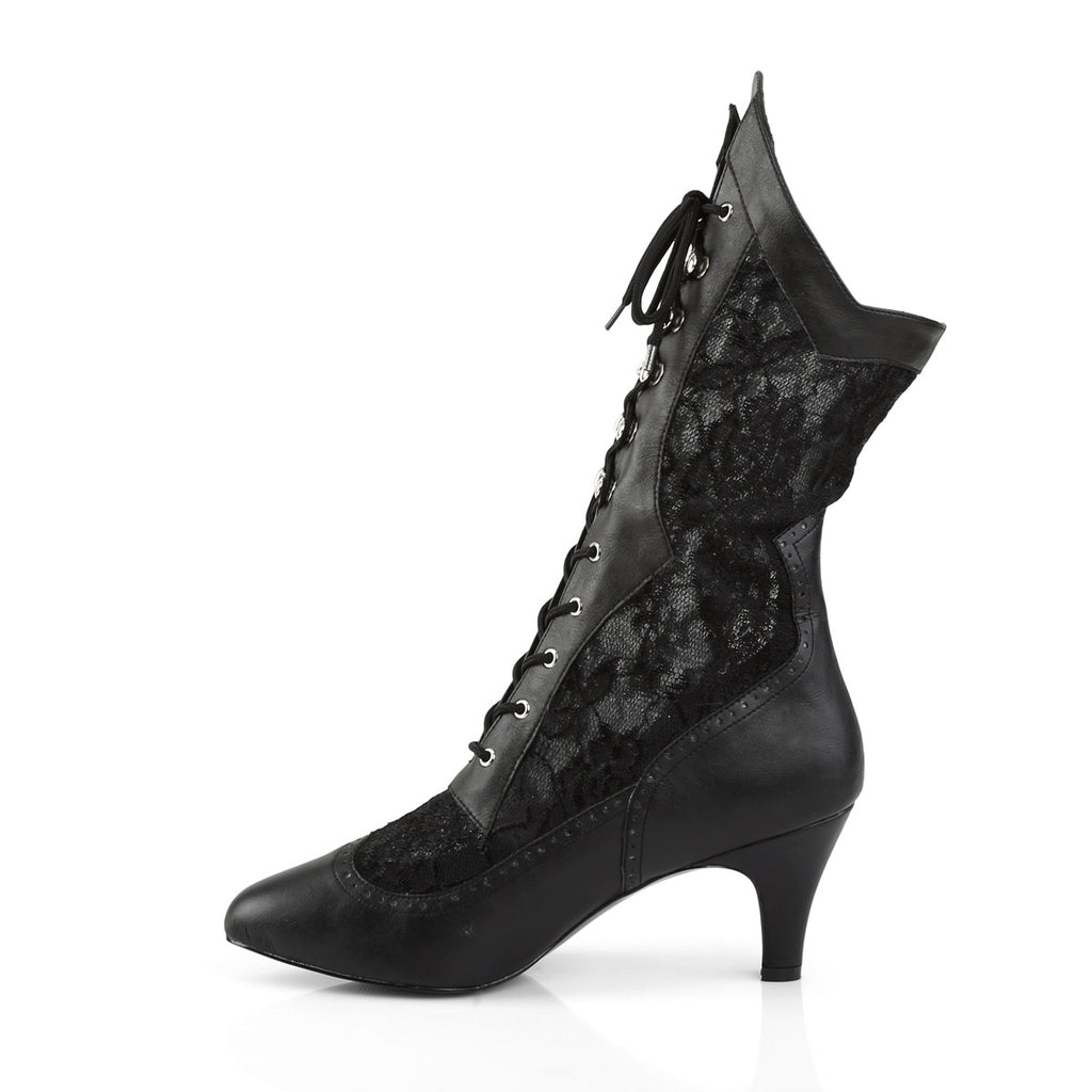 3" Heel Wide Width/Shaft, Calf High Boot Blk Faux Leather-Satin Lace Pleaser Pink Label DIVINE/1050