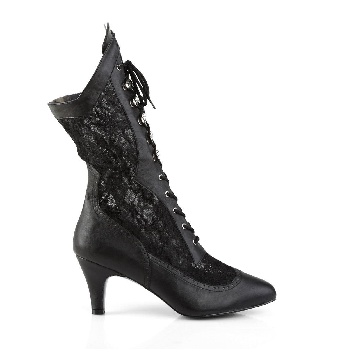 3" Heel Wide Width/Shaft, Calf High Boot Blk Faux Leather-Satin Lace Pleaser Pink Label DIVINE/1050