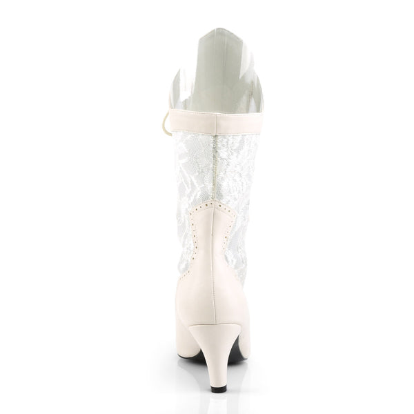3" Heel Wide Width/Shaft, Calf High Boot Ivory Faux Leather-Satin Lace Pleaser Pink Label DIVINE/1050