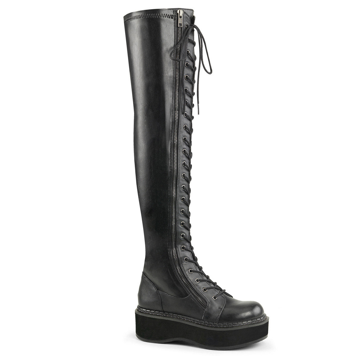 2" PF STR Thigh-High Lace-Up Boot W/ Outer Metal Zipper Blk Str Vegan Leather Pleaser Demonia EMILY/375