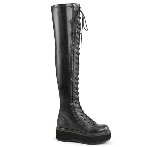 2" PF STR Thigh-High Lace-Up Boot W/ Outer Metal Zipper Blk Str Vegan Leather Pleaser Demonia EMILY/375