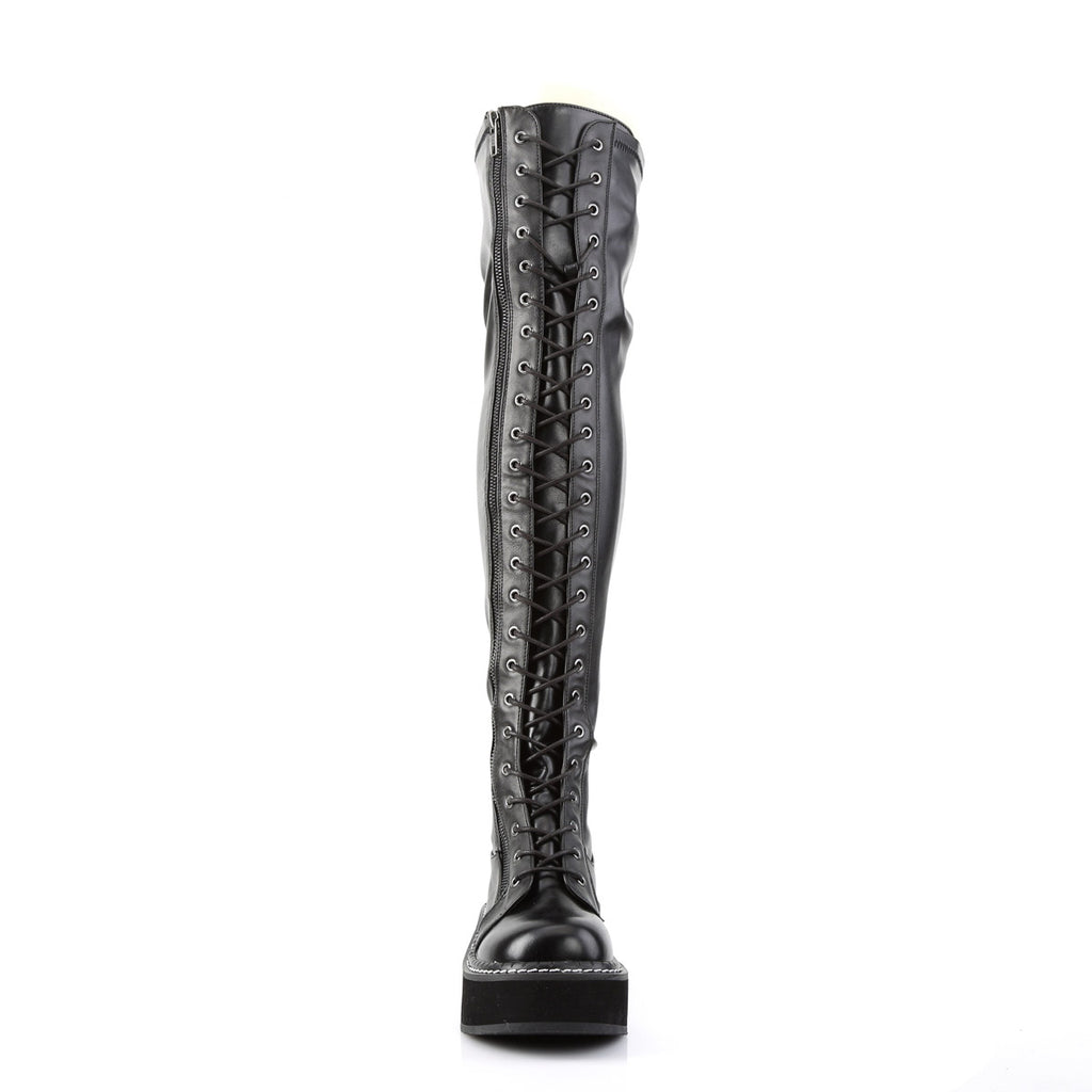 2" PF STR Thigh-High Lace-Up Boot W/ Outer Metal Zipper Blk Str Vegan Leather Pleaser Demonia EMILY/375