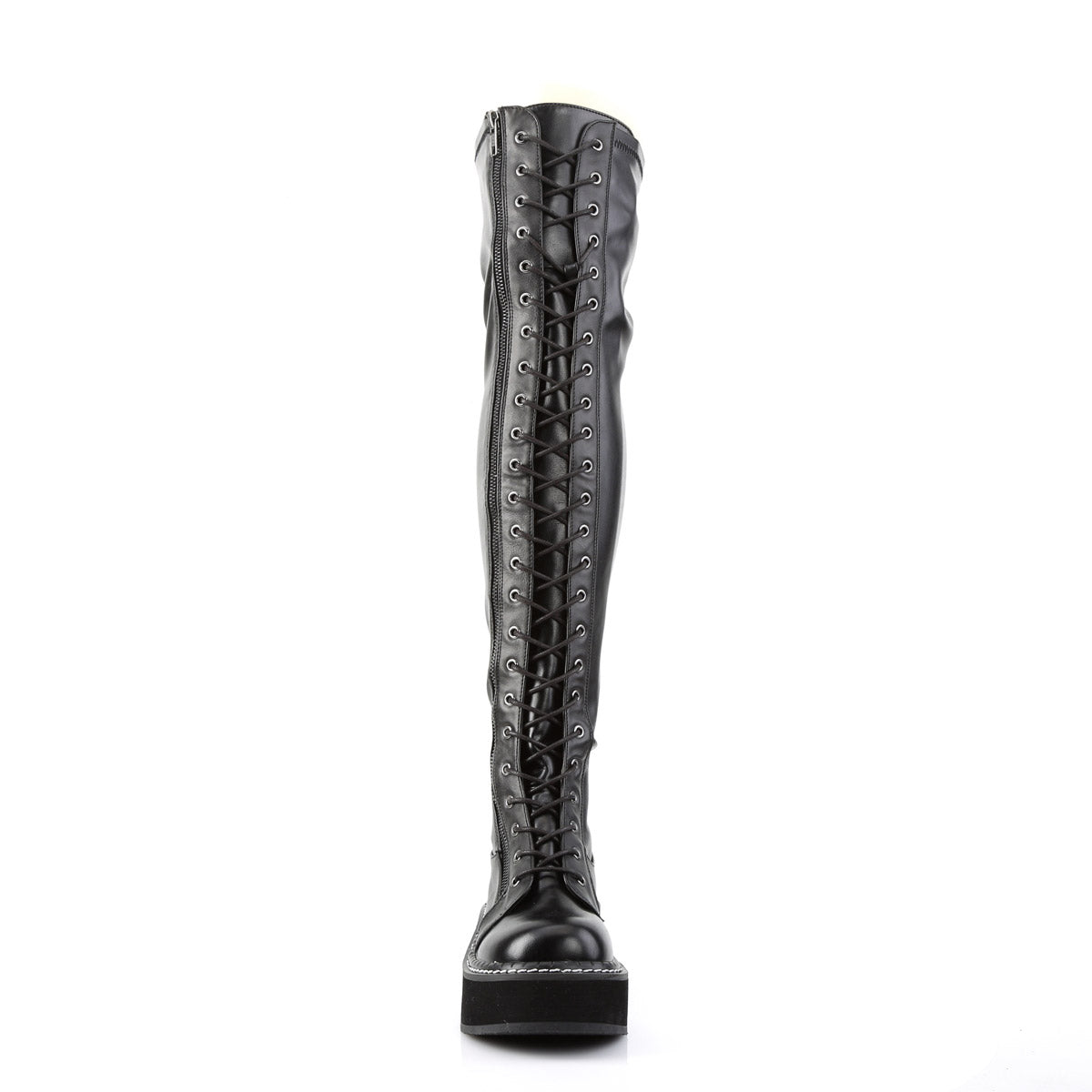 2" PF STR Thigh-High Lace-Up Boot W/ Outer Metal Zipper Blk Str Vegan Leather Pleaser Demonia EMILY/375