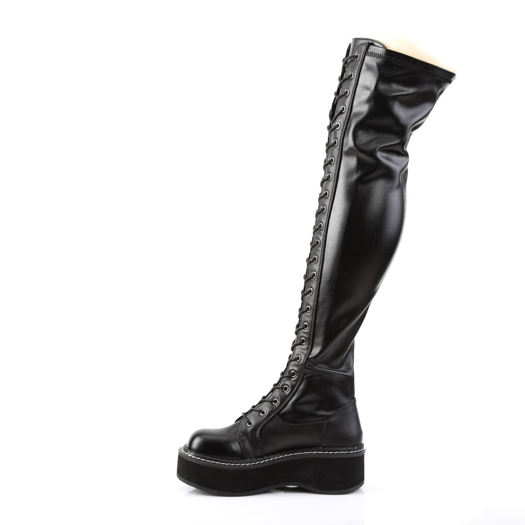 2" PF STR Thigh-High Lace-Up Boot W/ Outer Metal Zipper Blk Str Vegan Leather Pleaser Demonia EMILY/375