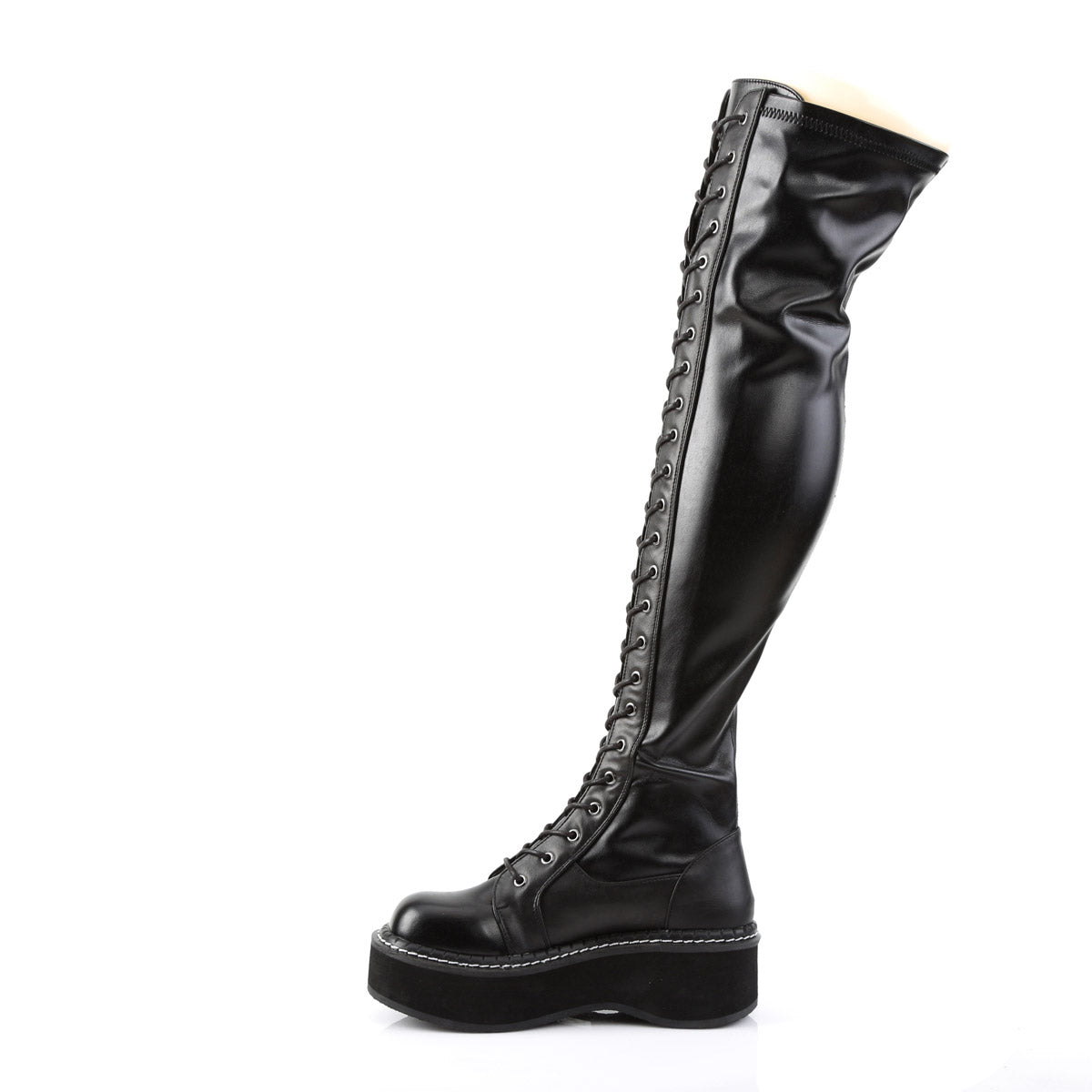 2" PF STR Thigh-High Lace-Up Boot W/ Outer Metal Zipper Blk Str Vegan Leather Pleaser Demonia EMILY/375