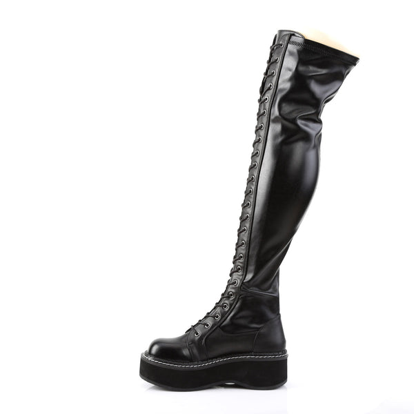 2" PF STR Thigh-High Lace-Up Boot W/ Outer Metal Zipper Blk Str Vegan Leather Pleaser Demonia EMILY/375