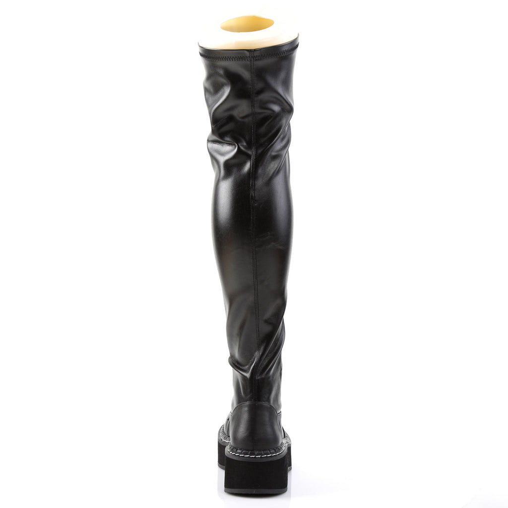 2" PF STR Thigh-High Lace-Up Boot W/ Outer Metal Zipper Blk Str Vegan Leather Pleaser Demonia EMILY/375