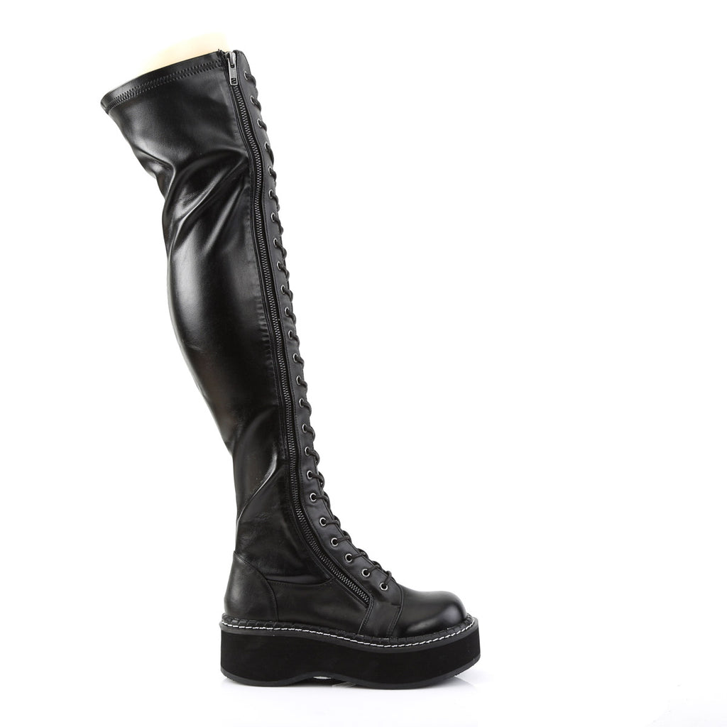 2" PF STR Thigh-High Lace-Up Boot W/ Outer Metal Zipper Blk Str Vegan Leather Pleaser Demonia EMILY/375