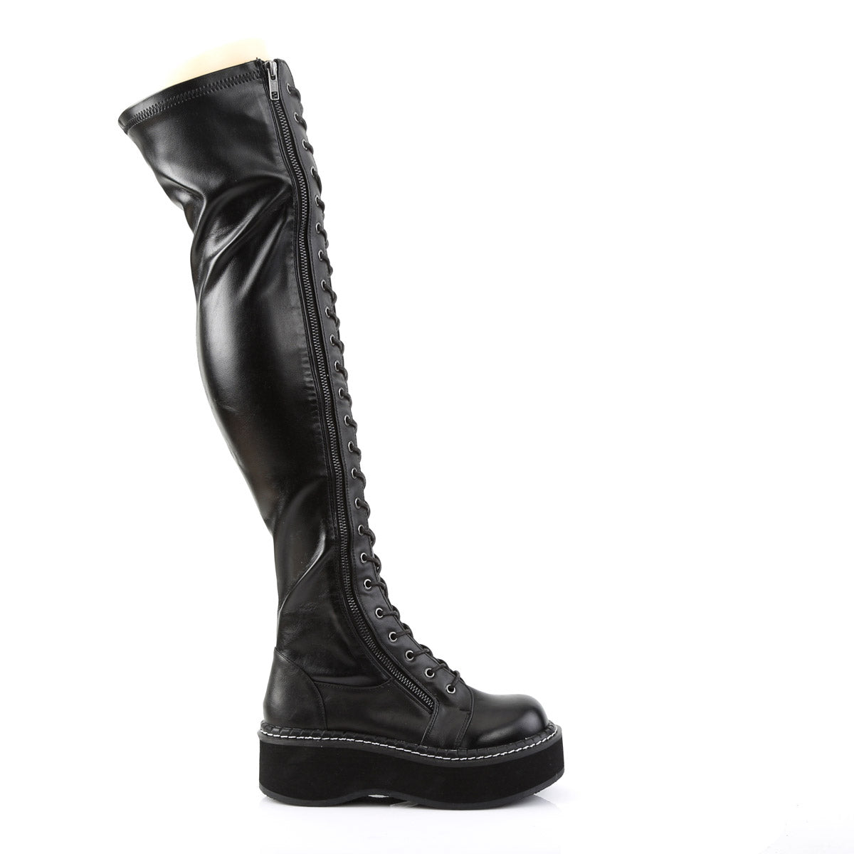 2" PF STR Thigh-High Lace-Up Boot W/ Outer Metal Zipper Blk Str Vegan Leather Pleaser Demonia EMILY/375