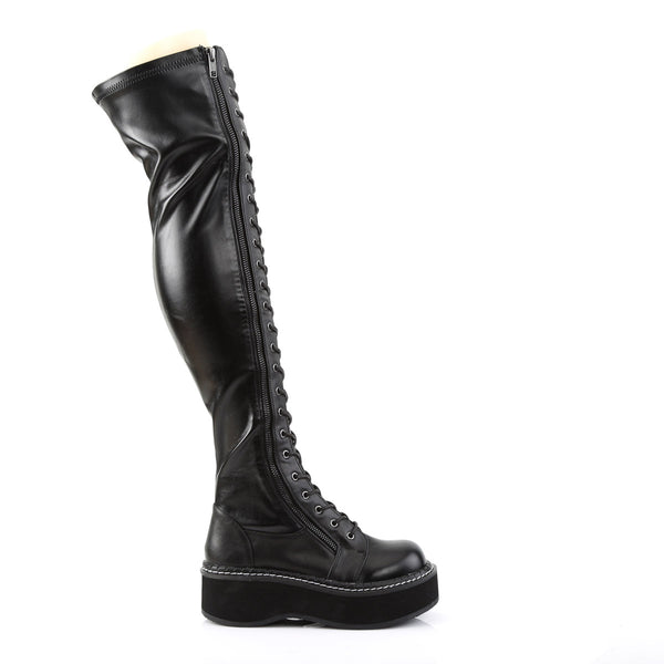 2" PF STR Thigh-High Lace-Up Boot W/ Outer Metal Zipper Blk Str Vegan Leather Pleaser Demonia EMILY/375