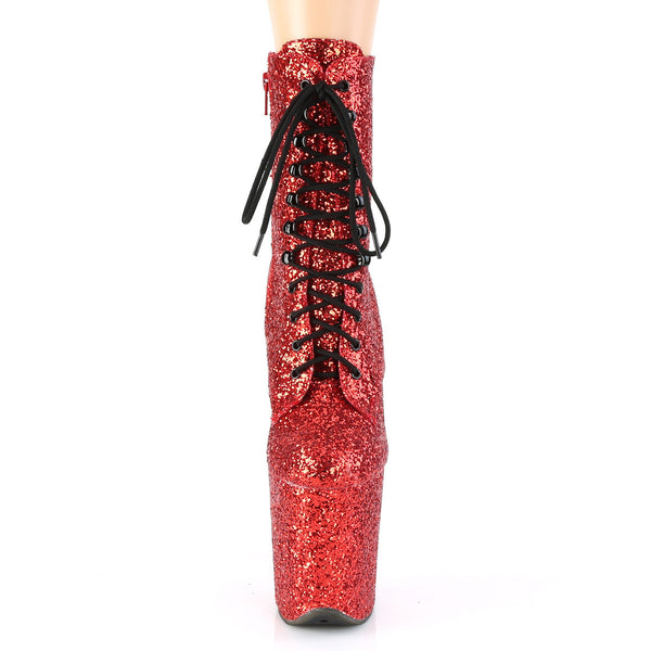 8" Heel, 4" Pf Lace-up Glitter Ankle Boot, Side Zip Pleaser  FLAMINGO/1020GWR