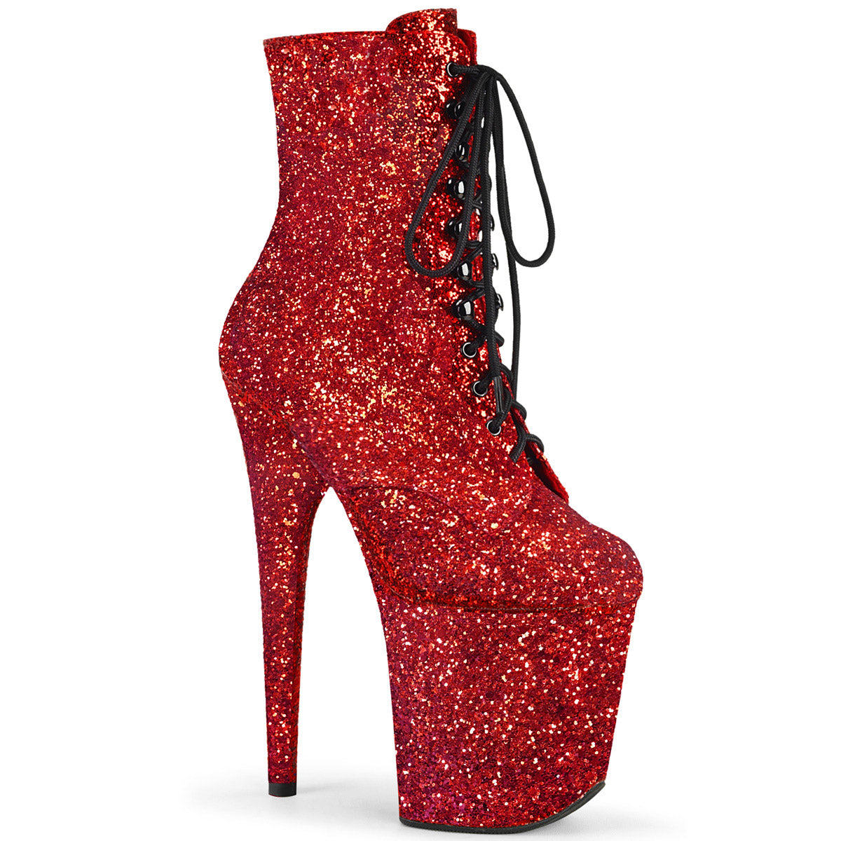 8" Heel, 4" Pf Lace-up Glitter Ankle Boot, Side Zip Pleaser  FLAMINGO/1020GWR