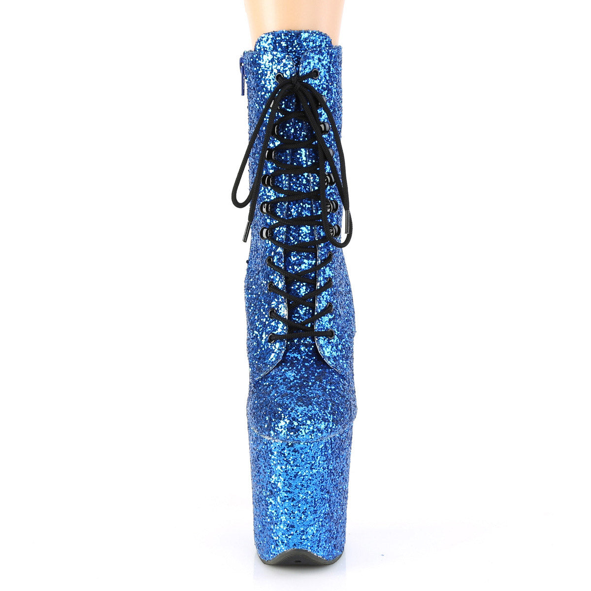 8" Heel, 4" Pf Lace-up Glitter Ankle Boot, Side Zip Pleaser  FLAMINGO/1020GWR
