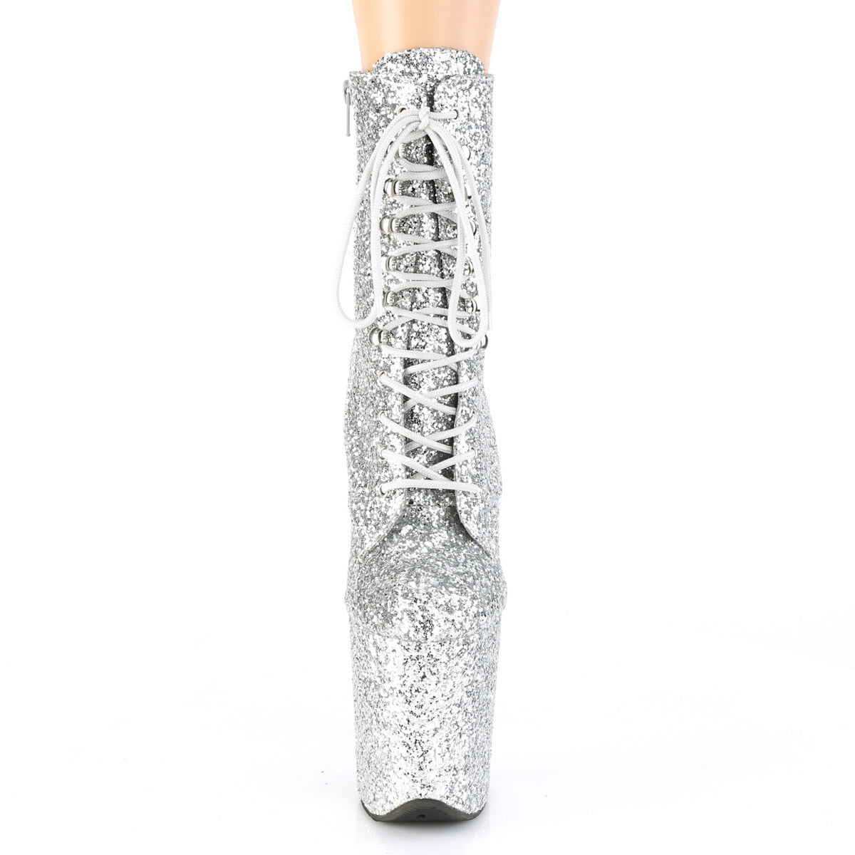 8" Heel, 4" PF Lace-Up Glitter Ankle Boot, Side Zip Pleaser Pleaser FLAMINGO/1020GWR