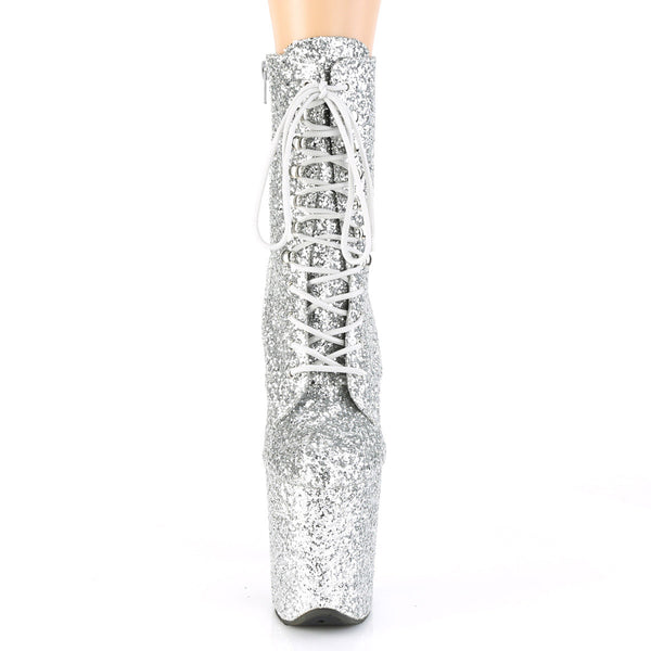 8" Heel, 4" PF Lace-Up Glitter Ankle Boot, Side Zip Pleaser Pleaser FLAMINGO/1020GWR