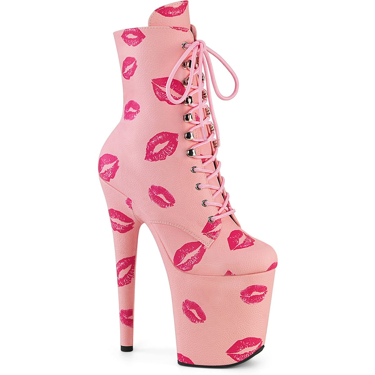 8" Heel,  4" Pf Lace-Up Lips Print Ankle Boot, Side Zip Pleaser Pleaser FLAMINGO/1020KISSES Main image