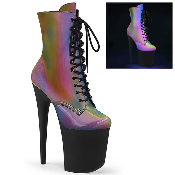8" Heel, 4" PF Lace-Up Front Ankle Boot, Side Zip Pleaser Pleaser FLAMINGO/1020REFL