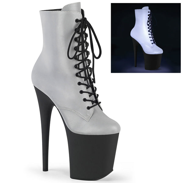 8" Heel, 4" PF Lace-Up Front Ankle Boot, Side Zip Pleaser Pleaser FLAMINGO/1020REFL