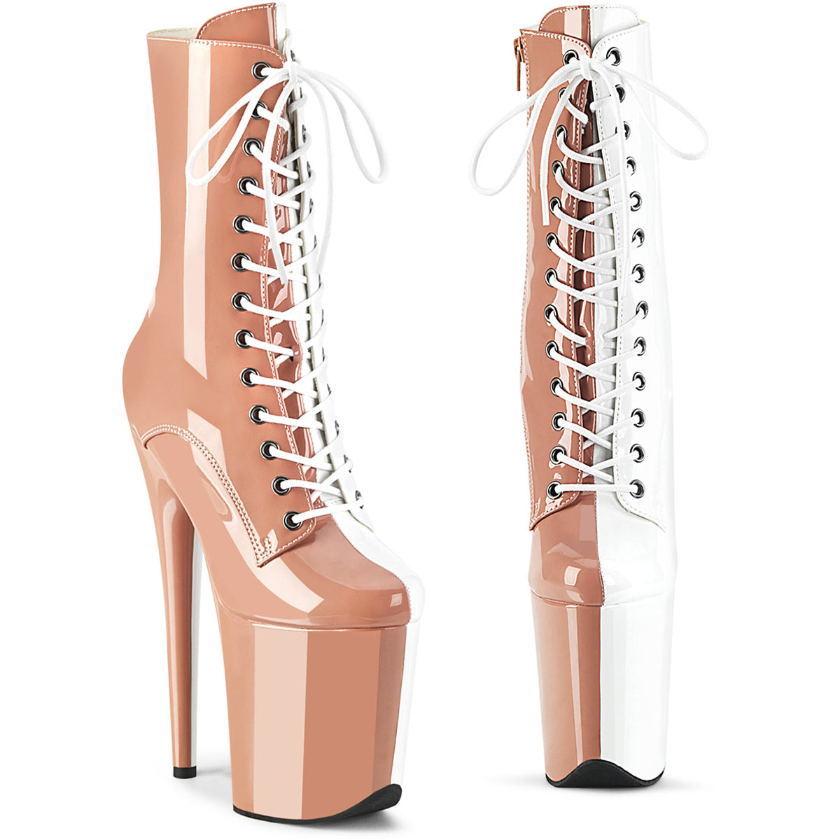 8" Heel, 4" Pf Two Tone Lace-Up Ankle Boot, Side Zip Pleaser Pleaser FLAMINGO/1040TT