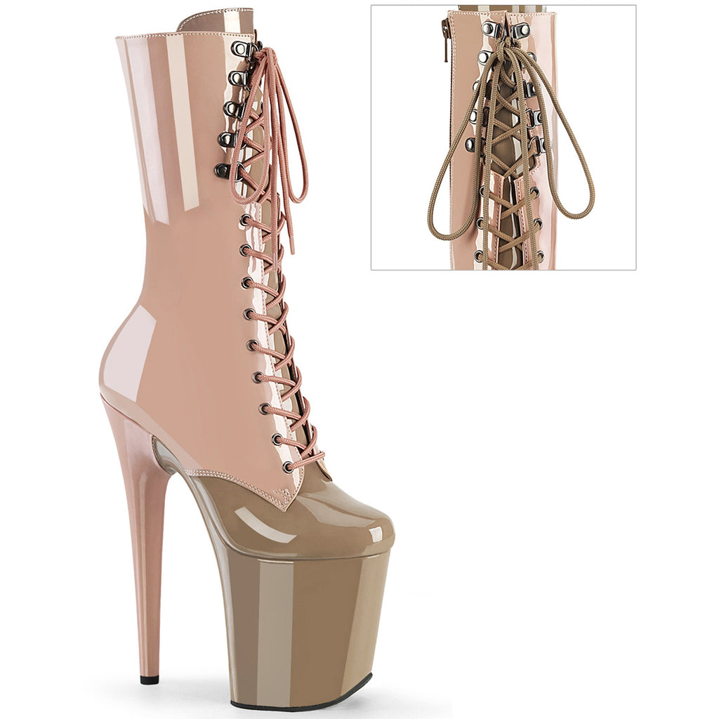 8" Heel, 4" Pf Two Tone Lace-Up Mid Calf Boot, Side Zip Pleaser Pleaser FLAMINGO/1054DC