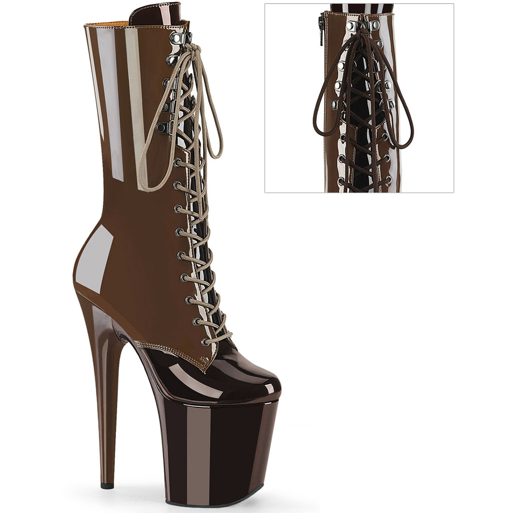 8" Heel, 4" Pf Two Tone Lace-Up Mid Calf Boot, Side Zip Pleaser Pleaser FLAMINGO/1054DC