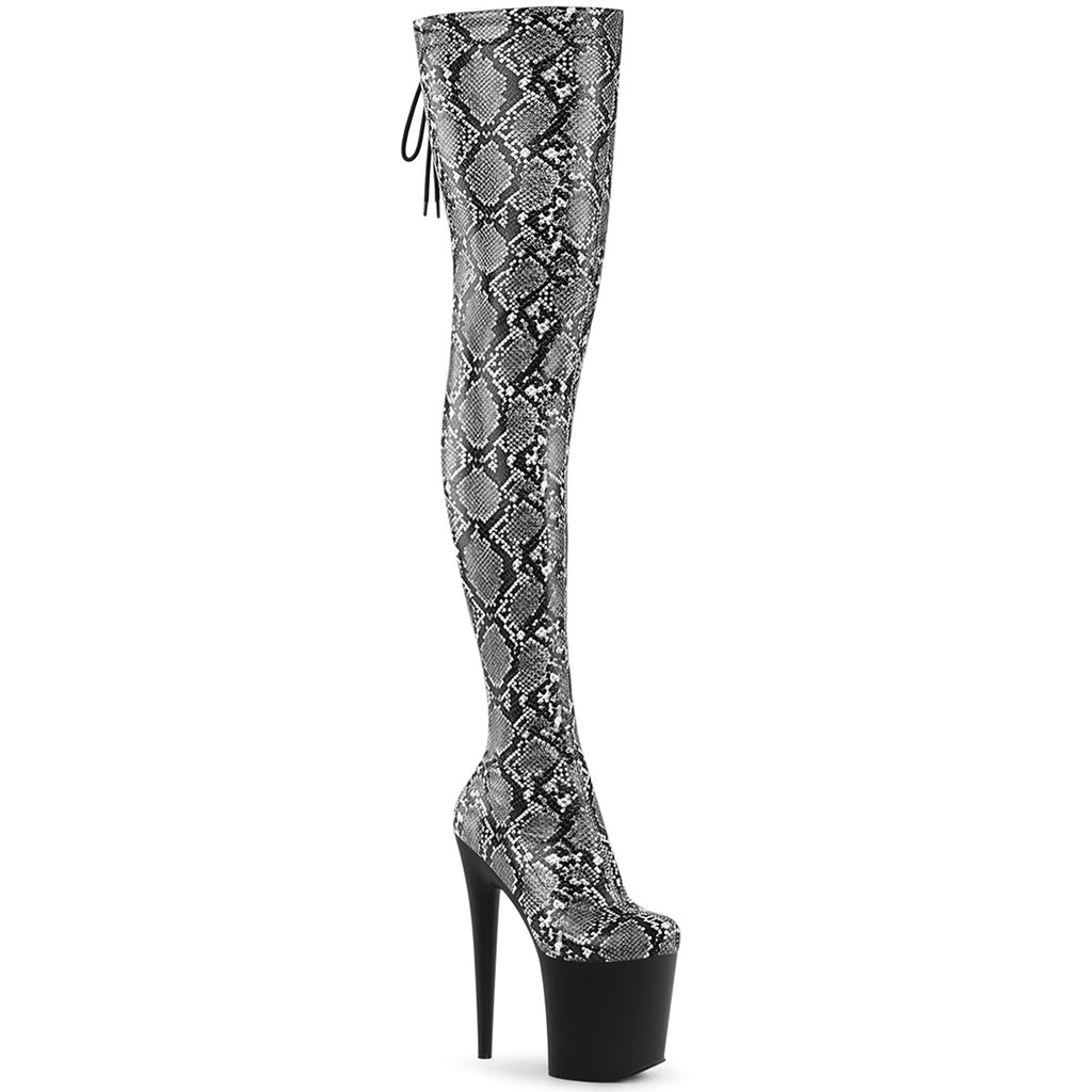 8" Heel, 4" Pf Stretch Snake Print Pull-On Thigh Boot Pleaser Pleaser FLAMINGO/3008SP/BT