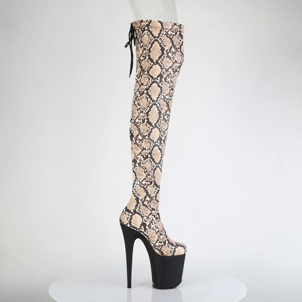 8" Heel, 4" Pf Stretch Snake Print Pull-On Thigh Boot Pleaser Pleaser FLAMINGO/3008SP/BT