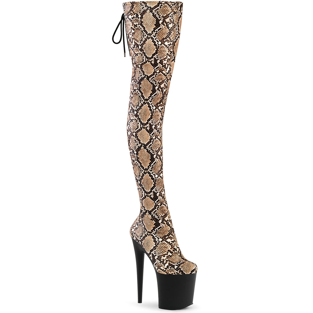 8" Heel, 4" Pf Stretch Snake Print Pull-On Thigh Boot Pleaser Pleaser FLAMINGO/3008SP/BT