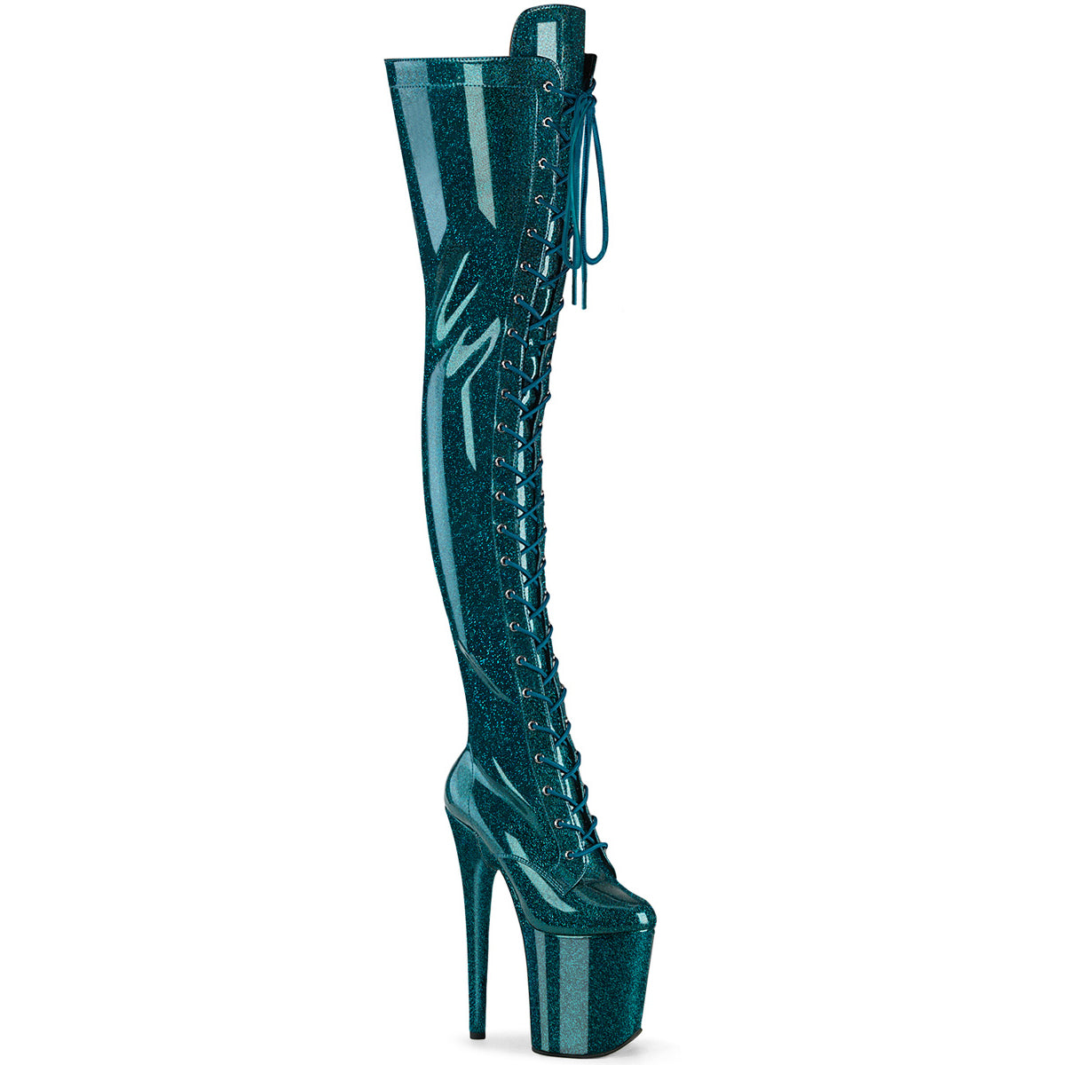 8" Heel, 4" Pf Lace-Up Stretch Thigh Boot, Side Zip Pleaser Pleaser FLAMINGO/3020GP