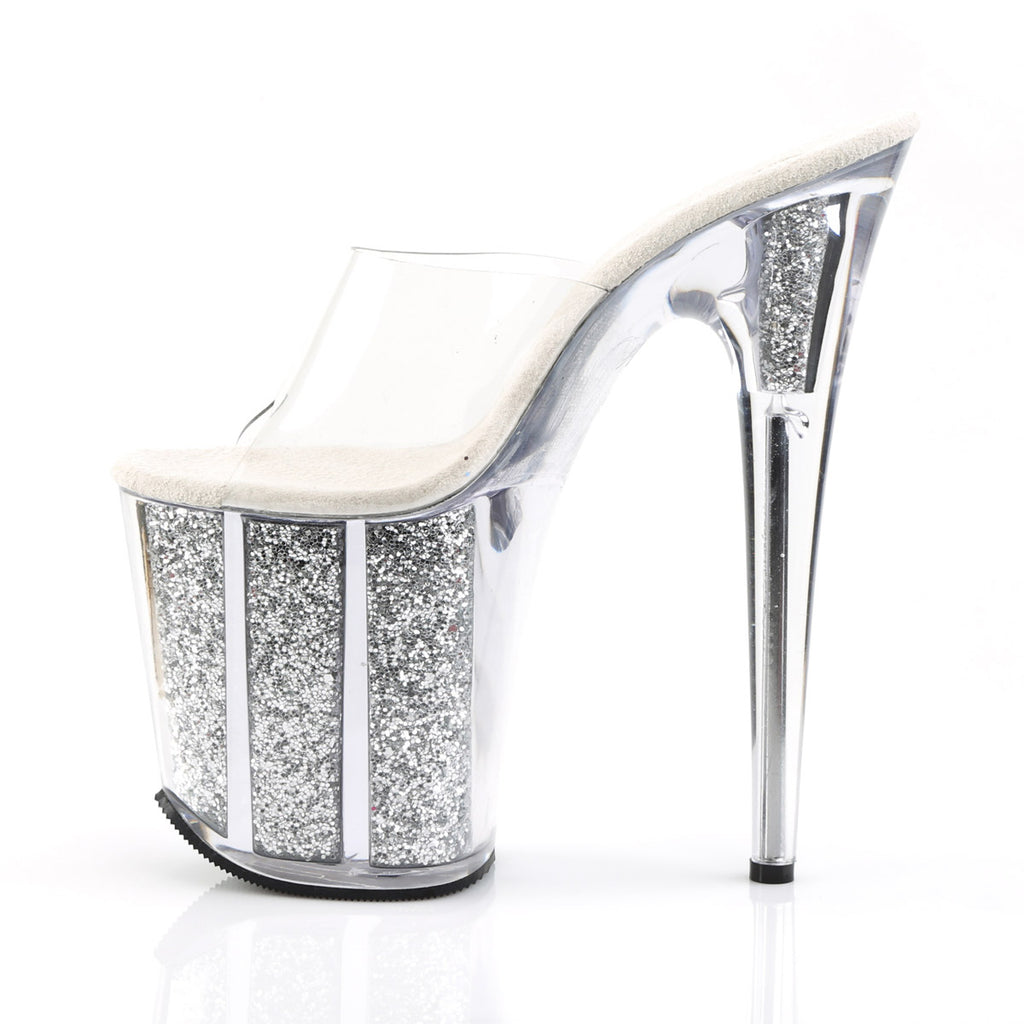 8" Heel, 4" PF Slide W/Glitter Filled Bottom Clr/Slv Glitter Pleaser Pleaser FLAMINGO/801G