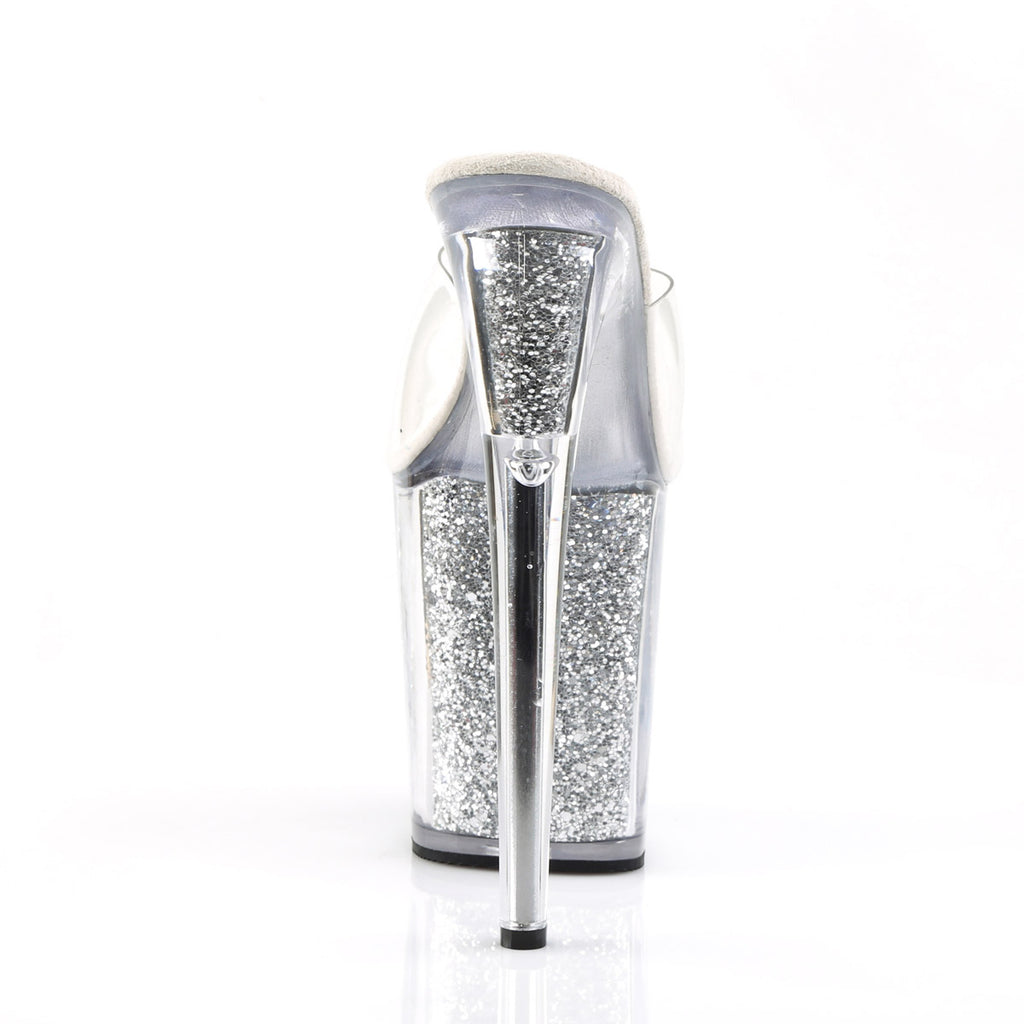 8" Heel, 4" PF Slide W/Glitter Filled Bottom Clr/Slv Glitter Pleaser Pleaser FLAMINGO/801G