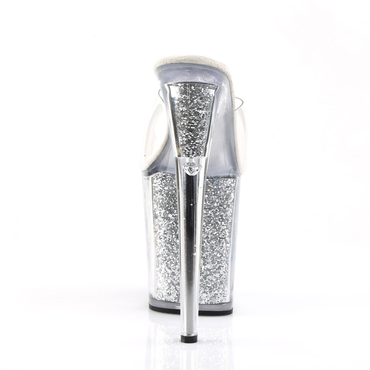 8" Heel, 4" PF Slide W/Glitter Filled Bottom Clr/Slv Glitter Pleaser Pleaser FLAMINGO/801G