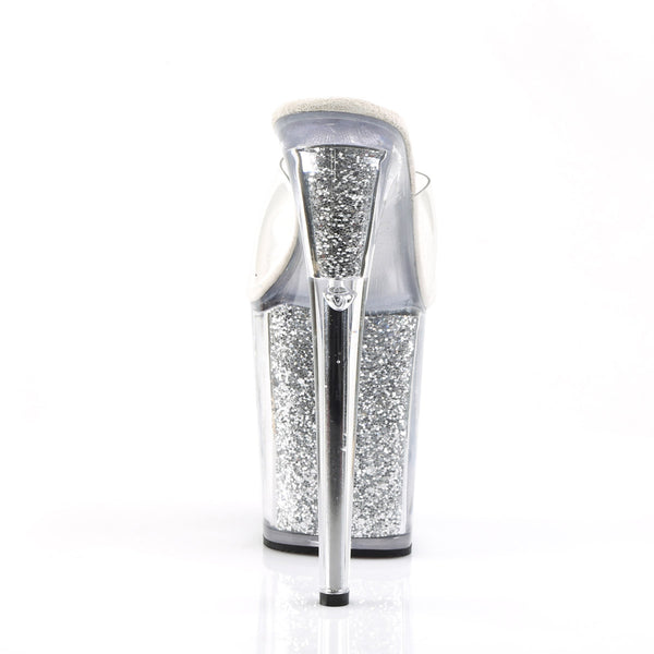8" Heel, 4" PF Slide W/Glitter Filled Bottom Clr/Slv Glitter Pleaser Pleaser FLAMINGO/801G