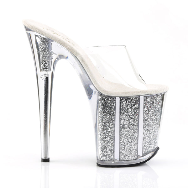 8" Heel, 4" PF Slide W/Glitter Filled Bottom Clr/Slv Glitter Pleaser Pleaser FLAMINGO/801G