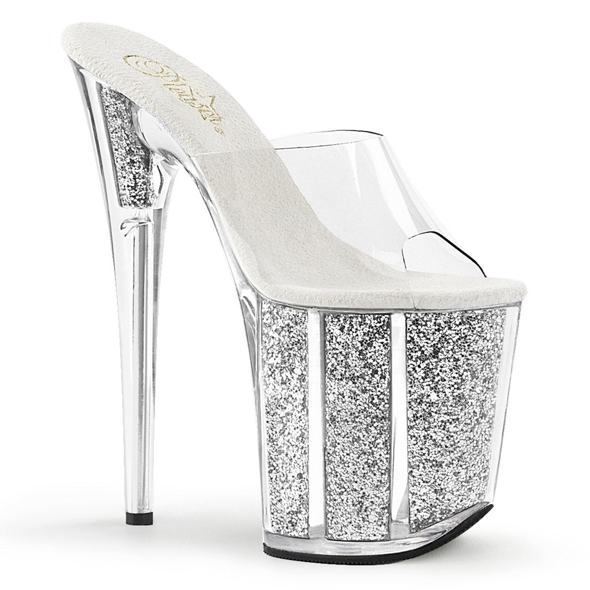 8" Heel, 4" PF Slide W/Glitter Filled Bottom Clr/Slv Glitter Pleaser Pleaser FLAMINGO/801G