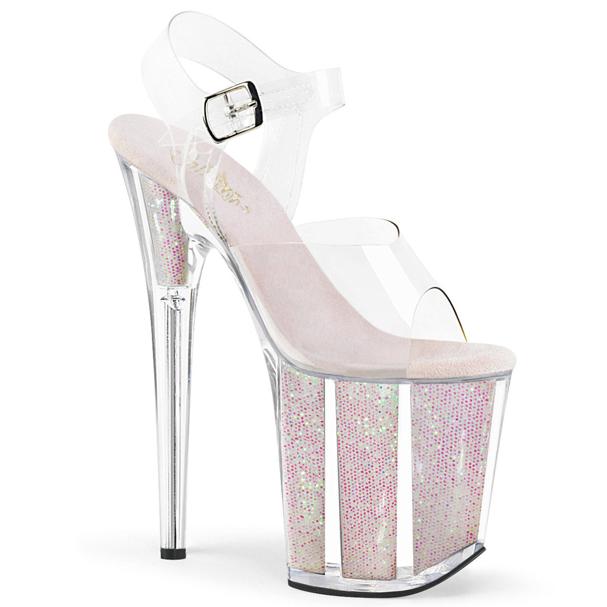 8" Heel, 4" Pf Ankle Strap Sandal W/glitter Insert Pleaser Pleaser FLAMINGO/808G