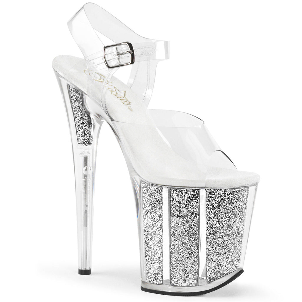 8" Heel, 4" Pf  Ankle Strap Sandal W/glitter Filled Bottom Pleaser Pleaser FLAMINGO/808G