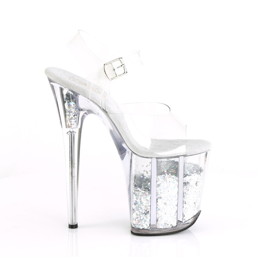 8" Heel, 4" Glitter Filled PF Ankle Strap Sandal Pleaser Pleaser FLAMINGO/808GF