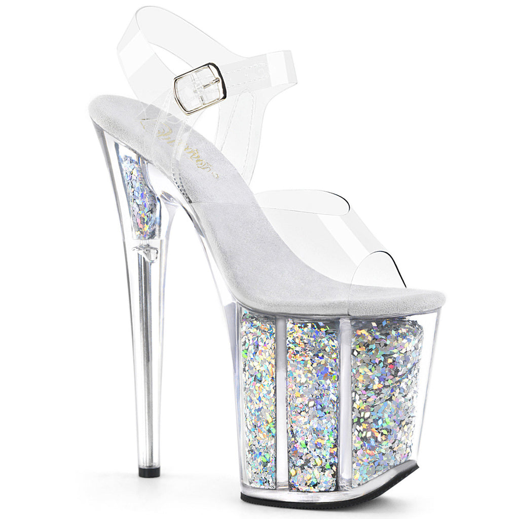 8" Heel, 4" Glitter Filled PF Ankle Strap Sandal Pleaser Pleaser FLAMINGO/808GF