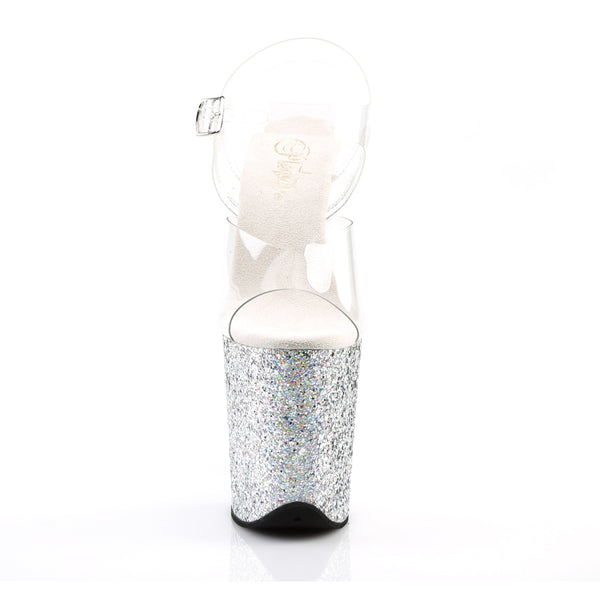 8" Heel, 4" Pf Ankle Strap Sandal W/ Glitter Bottom Pleaser Pleaser FLAMINGO/808LG