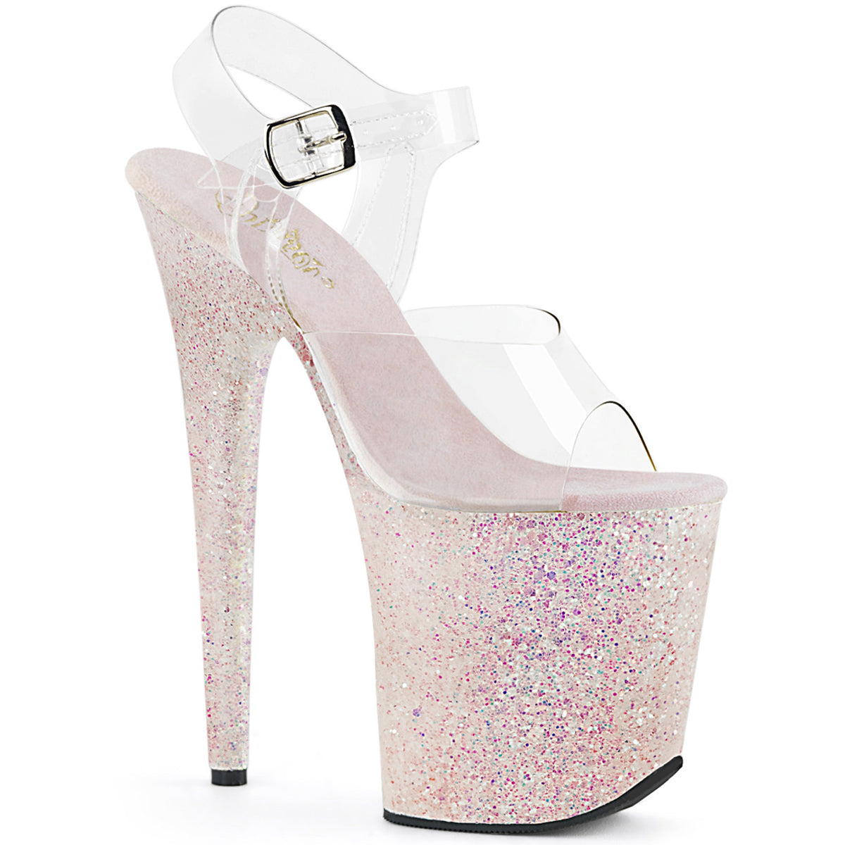 8" Heel, 4" Pf Ankle Strap Sandal W/ Glitter Bottom Pleaser Pleaser FLAMINGO/808LG