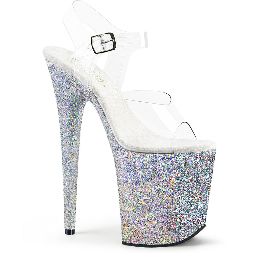 8" Heel, 4" Pf Ankle Strap Sandal W/ Glitter Bottom Pleaser Pleaser FLAMINGO/808LG