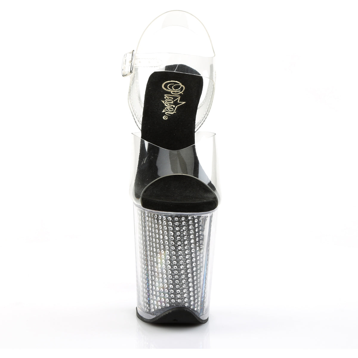 8" Heel, 4" PF Ankle Strap Sandal W/Simulated RS Filled BTM Clr/Blk SRS Secondary image