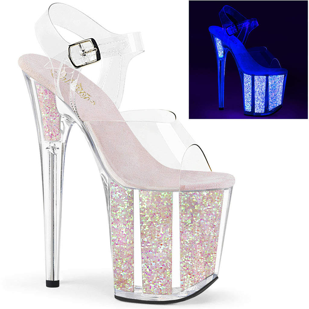 8" Heel, 4" Pf Ankle Strap Sandal W/Glitter Inserts Pleaser Pleaser FLAMINGO/808UVG