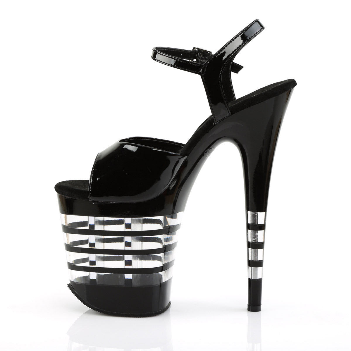 8" Heel, 4" Lined PF Ankle Strap Sandal Blk Pat/Blk Pleaser Pleaser FLAMINGO/809LN