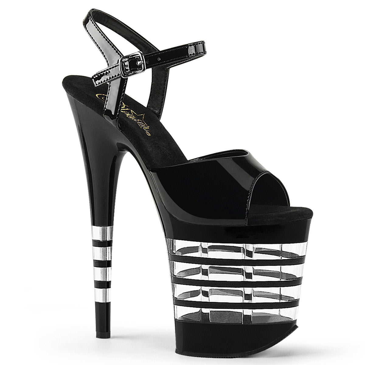8" Heel, 4" Lined PF Ankle Strap Sandal Blk Pat/Blk Pleaser Pleaser FLAMINGO/809LN